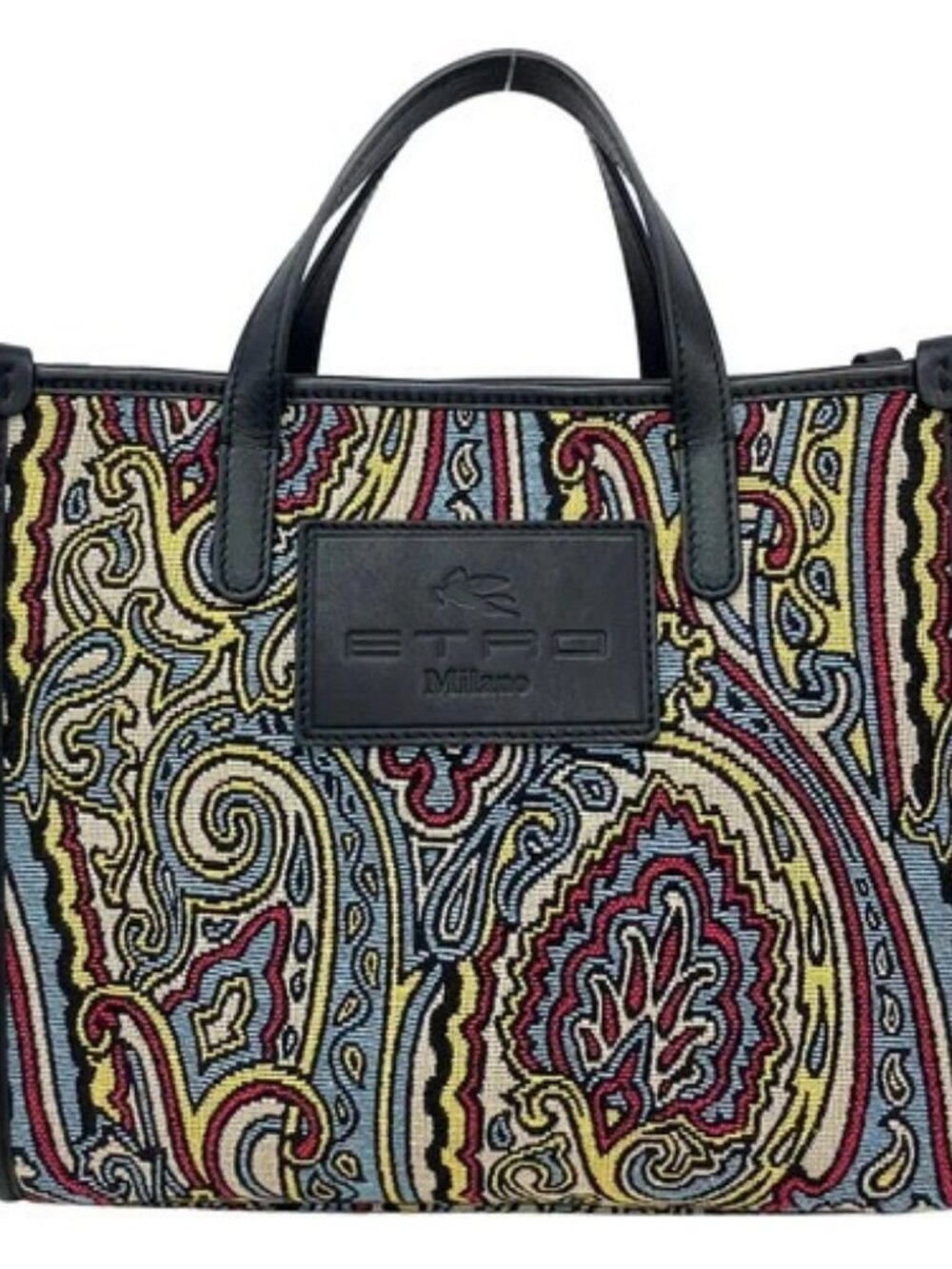 ETRO 1N895 Light Blue Black Multi Jacquard Leather Tote Bag